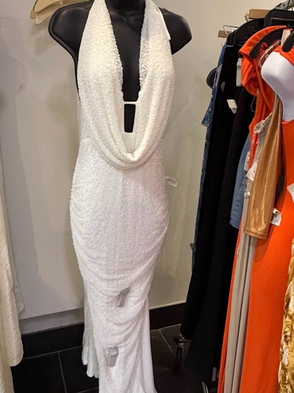 Elegant White Backless Draped Halter Evening Gown